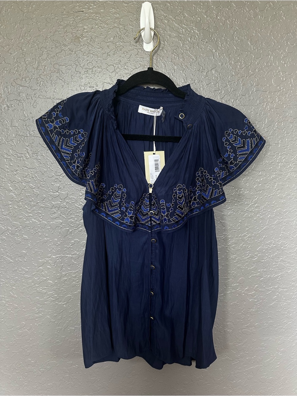 Ramy Brook Navy Embroidered Ruffle Button-Front Top